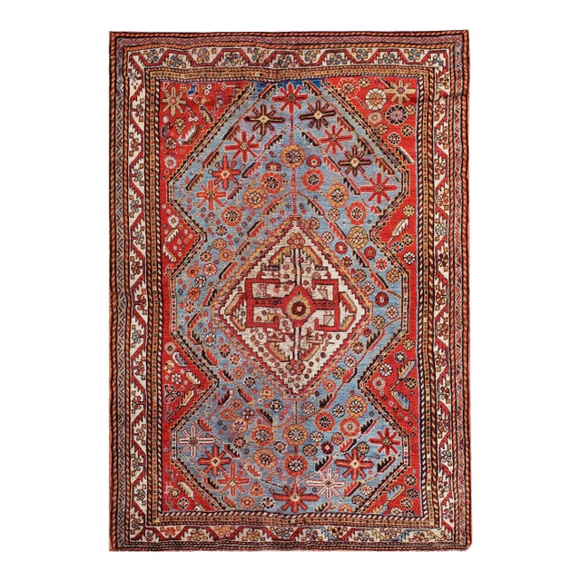 1890s Sky Medallion Tribal Antique S. Persian Ghashgaie Rug 4'2" X 6'2" Handknotted Wool Carpet For Sale