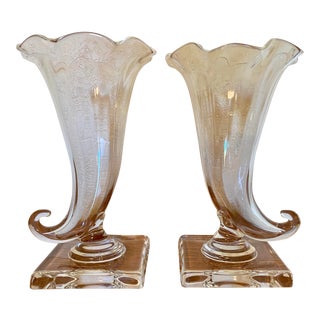 Steuben Crystal Cornucopia Vases, Signed - a Pair For Sale