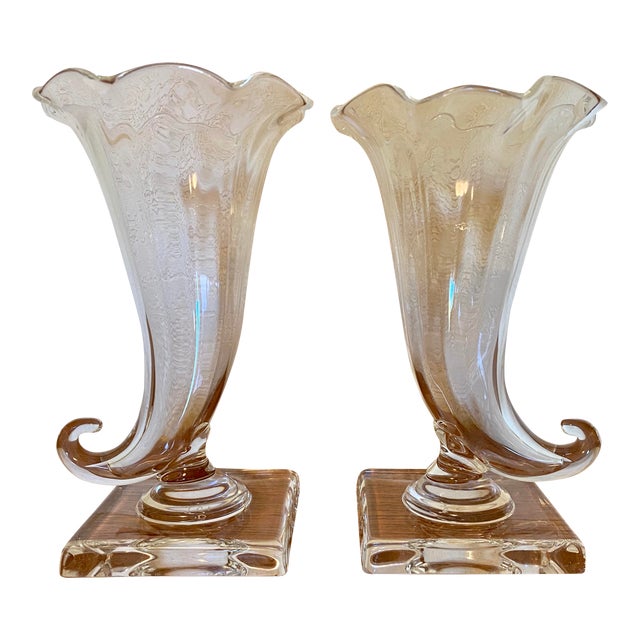 Steuben Crystal Cornucopia Vases, Signed - a Pair For Sale