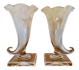 Steuben Crystal Cornucopia Vases, Signed - a Pair