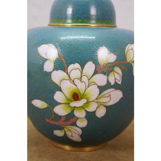 Antique Chinese Brass Cloisonne Enamel Cherry Blossom Ginger Jar Vase Urn 7" For Sale - Image 16 of 16
