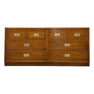Vintage MCM Dixie Act 2 Campaign Style Dresser Brass Pulls Warm Wood Tone Lowboy For Sale