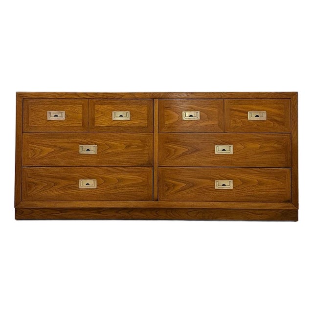 Vintage MCM Dixie Act 2 Campaign Style Dresser Brass Pulls Warm Wood Tone Lowboy For Sale