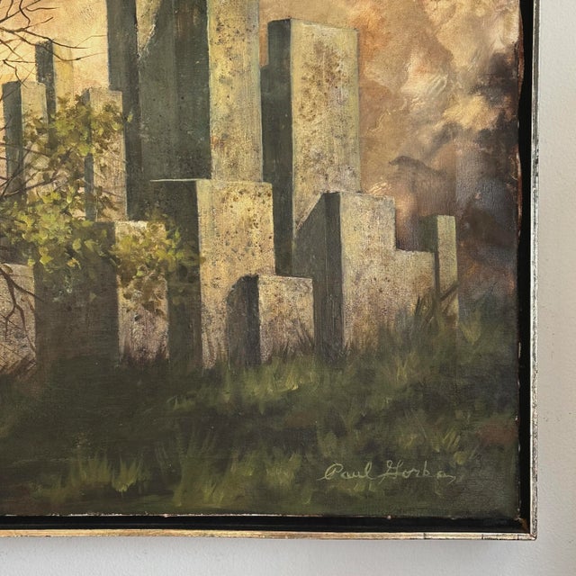 Textile Paul Gorka - Vintage Fantasy Realist Cityscape With Bridge, Signed (C. 1970, Oil on Canvas) For Sale - Image 7 of 8