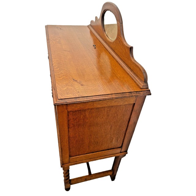 Wood Early 20th Century English Jacobean Revival Carved Oak Buffet, Credenza Barley Twist Legs, Mirror For Sale - Image 7 of 15