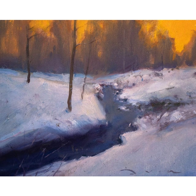 Winter Solace by Devin Michael Roberts | Oil on Cradled Panel Winter landscape with a stream and trees For Sale