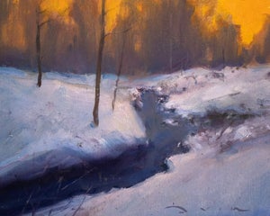 Winter Solace by Devin Michael Roberts | Oil on Cradled Panel Winter landscape with a stream and trees