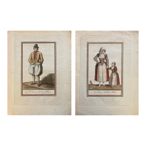Pair of 18th French Hand Colored Engravings of a Frisian Man, Woman and Child
