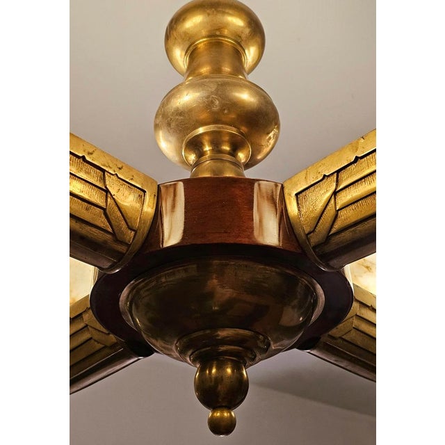 Art Deco Chandelier in Bronze, Walnut and Alabaster attributed to Atelier Petitot, 1920s For Sale - Image 9 of 15