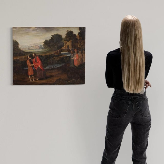 Antique 17th-century Spanish painting. Oil on canvas artwork depicting a religious subject, from the Gospel of John, Jesus...