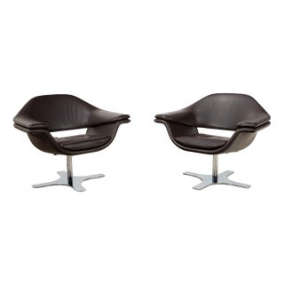 Brown Leather Hi-Cove Swivel Armchairs by Molteni&C, Set of 2 For Sale