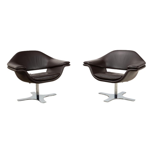 Brown Leather Hi-Cove Swivel Armchairs by Molteni&C, Set of 2 For Sale