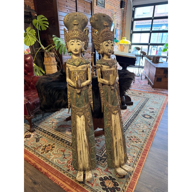 Antique Pair Indonesian Rice Goddesses- Dewi Sri- Handcarved & Handpainted For Sale - Image 11 of 11