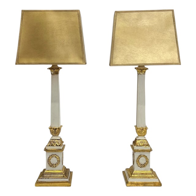 Neoclassical Fluted Column Table Lamps with Laurel Wreath, 1970s, Set of 2 For Sale