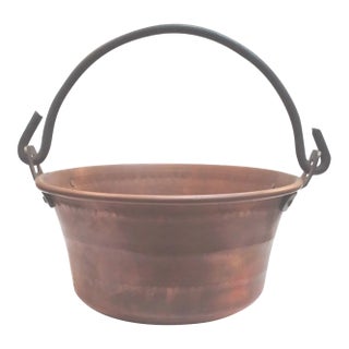 Antique Solid Copper Hanging Hearth Pot Pan With Riveted Wrought Iron Handle For Sale