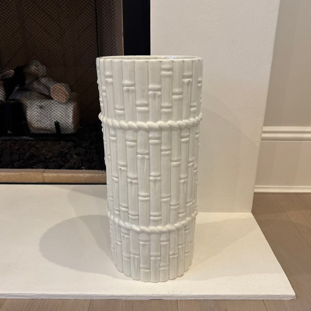 Late 20th Century Glazed White Ceramic Faux Bamboo Umbrella Stand Holder Made in Spain For Sale - Image 4 of 9