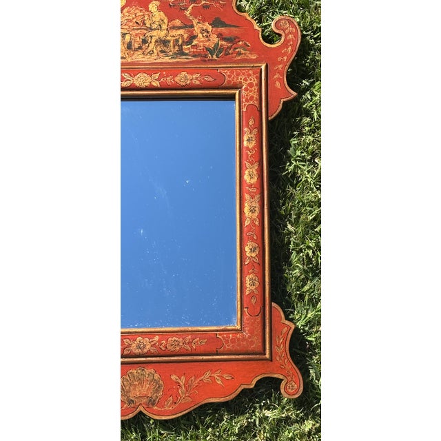 Mid 20th Century Antique Style Petite Scale Red Chinoiserie Wall Mirror / English Georgian Red Jappaned Style Mirror For Sale - Image 5 of 15