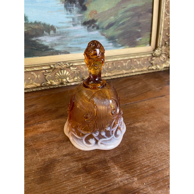 Glass Vintage Amber and White Cased Art Glass Bell With Figural Handle For Sale - Image 7 of 9