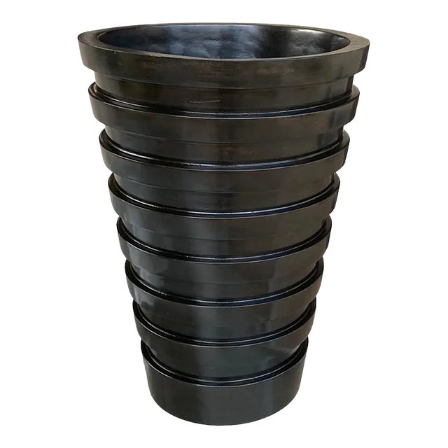 1990s Large Banded Architectural Turned Wood Vase in Dark Walnut Finish For Sale