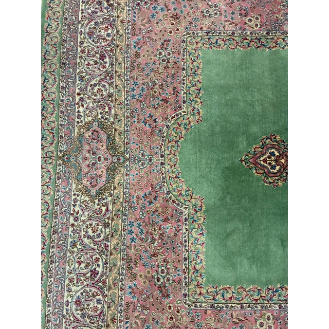 Vintage Persian Kerman Hand-Knotted Wool Rug in Green and Rose For Sale - Image 9 of 12