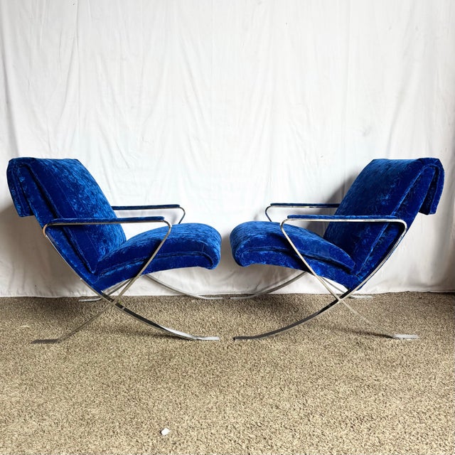 Mid-Century Modern Mid Century Modern Chrome Scissor X Lounge Chairs With Blue Fabric - A Pair For Sale - Image 3 of 12