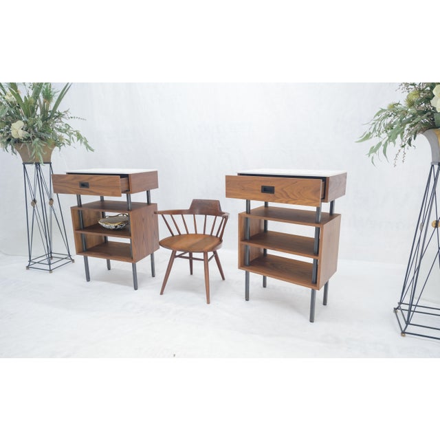 Mid-Century Modern Pair of Oiled Walnut 1 Drawer 3 Tier Side End Tables Stands Composite Top Mint! For Sale - Image 3 of 14