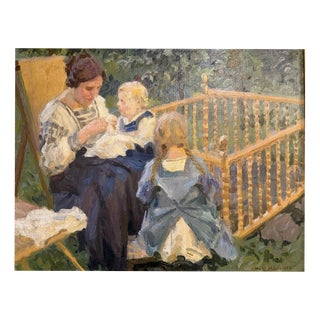 Hans Hammer, Mother with Children in the Garden, 1912, Oil Painting on Canvas For Sale