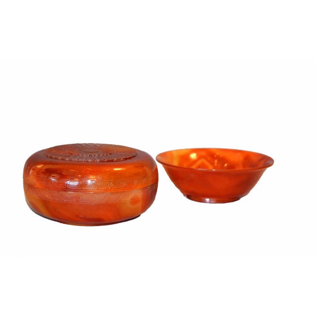 Vintage Carved Stone Agate Box & Bowl in Amber Color - Set For Sale - Image 9 of 10