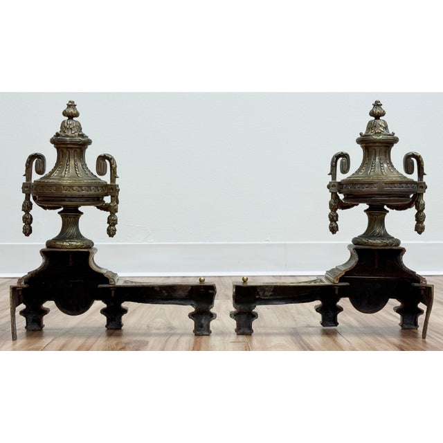 Vintage Gilt Bronze French Neo-Classical Urn Form Fireplace Chenets Andirons, Pair For Sale - Image 4 of 8
