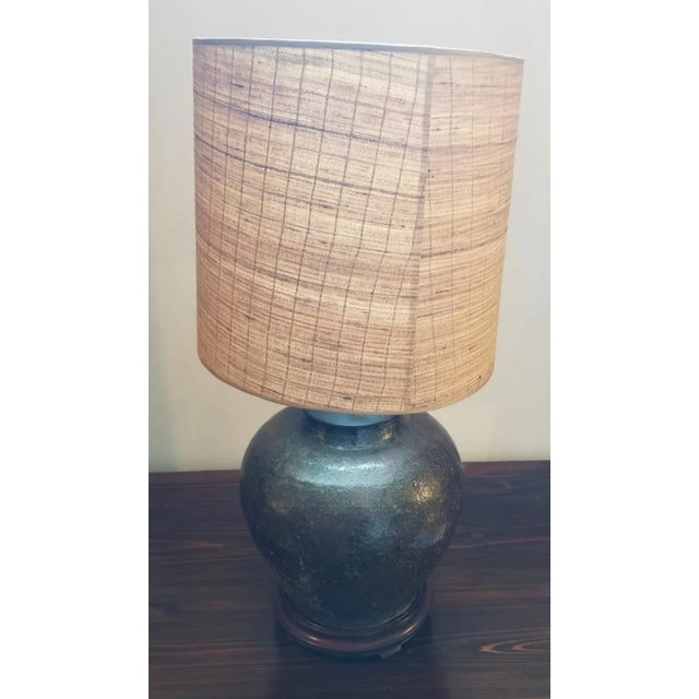 Boho Chic Large 1930s Green-Brown Wine Jar Lamp With Textured Shade For Sale - Image 3 of 6
