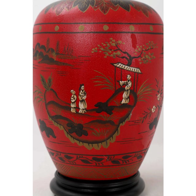 Vintage Chinoiserie Red Ginger Jar Lamp With Figured in White and Gold Color For Sale - Image 9 of 11