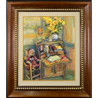 1970s French Impressionist Mixed-Media Painting with Interior Scene of Desk, Doll, and Sunflowers by Francois Federle, Framed For Sale