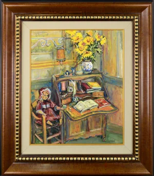 1970s French Impressionist Mixed-Media Painting with Interior Scene of Desk, Doll, and Sunflowers by Francois Federle, Framed