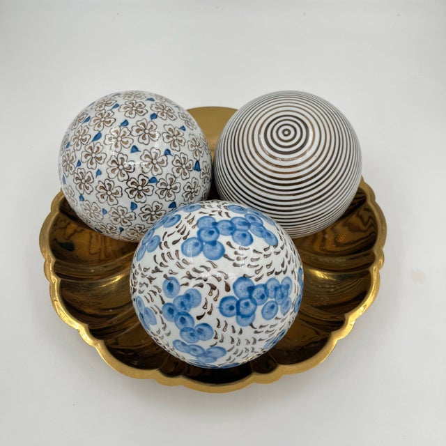 Chinoiserie Vintage Chinoiserie Oversized XL Ceramic Carpet Balls in Blues & Browns, Dots, Pinstripes, and Florals - Set of 3 For Sale - Image 3 of 10