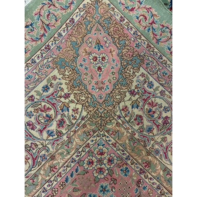 Vintage Persian Kerman Hand-Knotted Wool Rug in Green and Rose For Sale - Image 10 of 12
