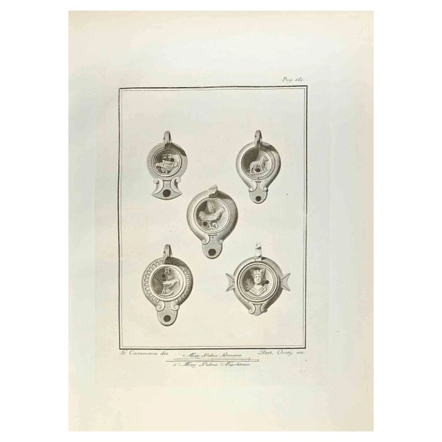 Carlo Oraty, Oil Lamp with Hermes God and Birds, Etching, 18th Century For Sale