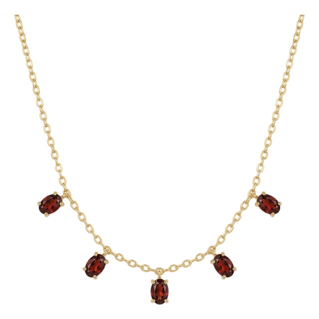 Garnet Dangle Station Birthstone Necklace in 18k Gold Plated Sterling Silver For Sale