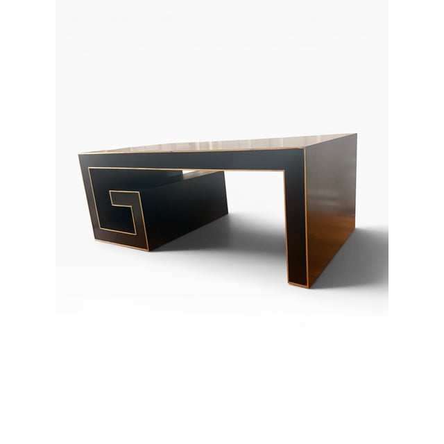 Modern Currey & Company Modern Black Lacquer Coffee Table With Greek Key Gold Trim For Sale - Image 3 of 16