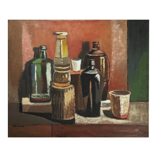 Vintage Modernist Still Life With Bottles by Frederick Childs, Signed (C. 1950, Oil on Masonite)/Morandi For Sale