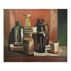 Vintage Modernist Still Life With Bottles by Frederick Childs, Signed (C. 1950, Oil on Masonite)/Morandi