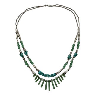 1970s Vintage Southwestern Mexican Boho Chic Double Strand Sterling, Turquoise & Jade Necklace For Sale