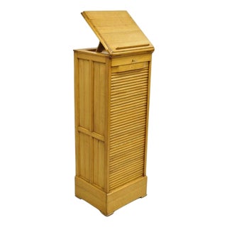 Antique Arts & Crafts Oak & Maple Tambour Shutter Door Lectern Filing Cabinet For Sale