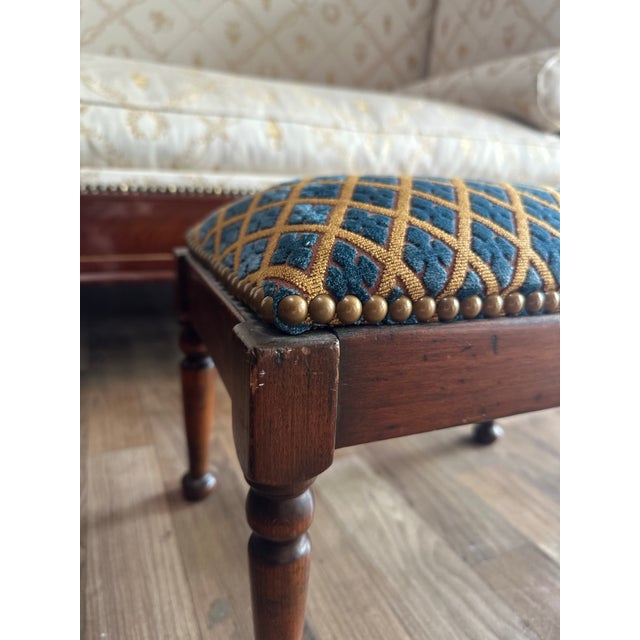 Traditional Antique Mahogany Footstool With Custom Blue and Gold Upholstery For Sale - Image 3 of 5