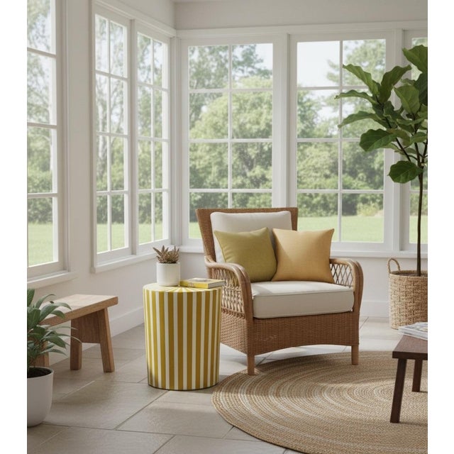 Contemporary Moroccan Resin-Inlay Sunburst Drum Stool or Side Table in Ochre & White For Sale - Image 9 of 9