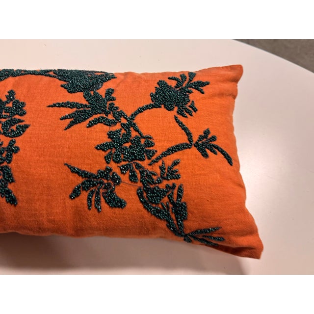 Textile Orange + Dark Green Embroidered Lumbar Pillow For Sale - Image 7 of 12