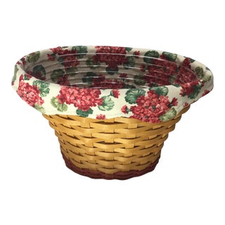 1980s Longaberger Hand Woven Maple Basket With Red Geranium Textile and Plastic Planter Liners For Sale