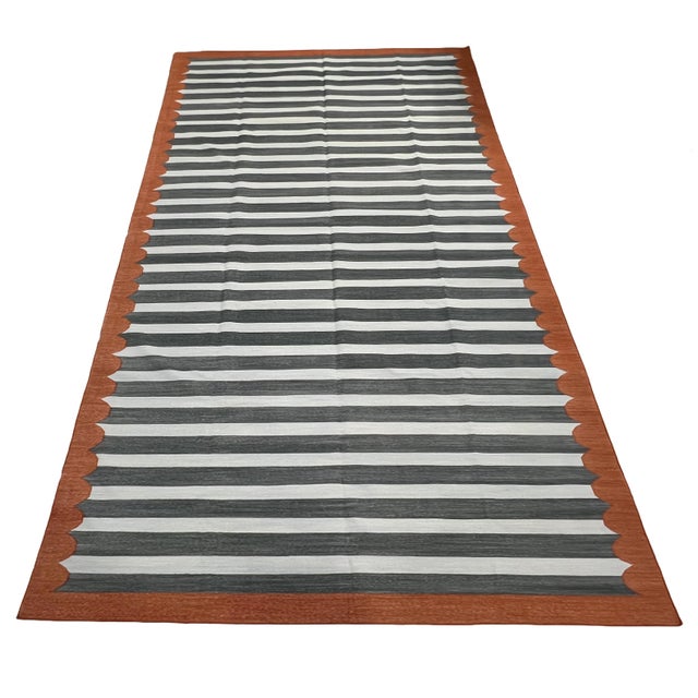 Casa Cosima Handmade Cotton Area Rug, Vegetable Dyed, Sky Blue, Gray and Terracotta Striped Dhurrie -8'x12' For Sale - Image 4 of 13