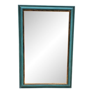 1990s Beveled Mirror with Painted Aqua Frame With Gold Leaf For Sale