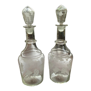 Late 19th Century Victorian Blown Etched Glass Decanters- Set of 2