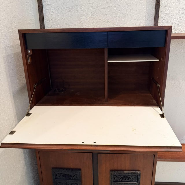 Brown Vintage 1960s Mid Century Modern Walnut Wall Unit, Custom Modular Shelving Brutalist Iron Accents For Sale - Image 8 of 10